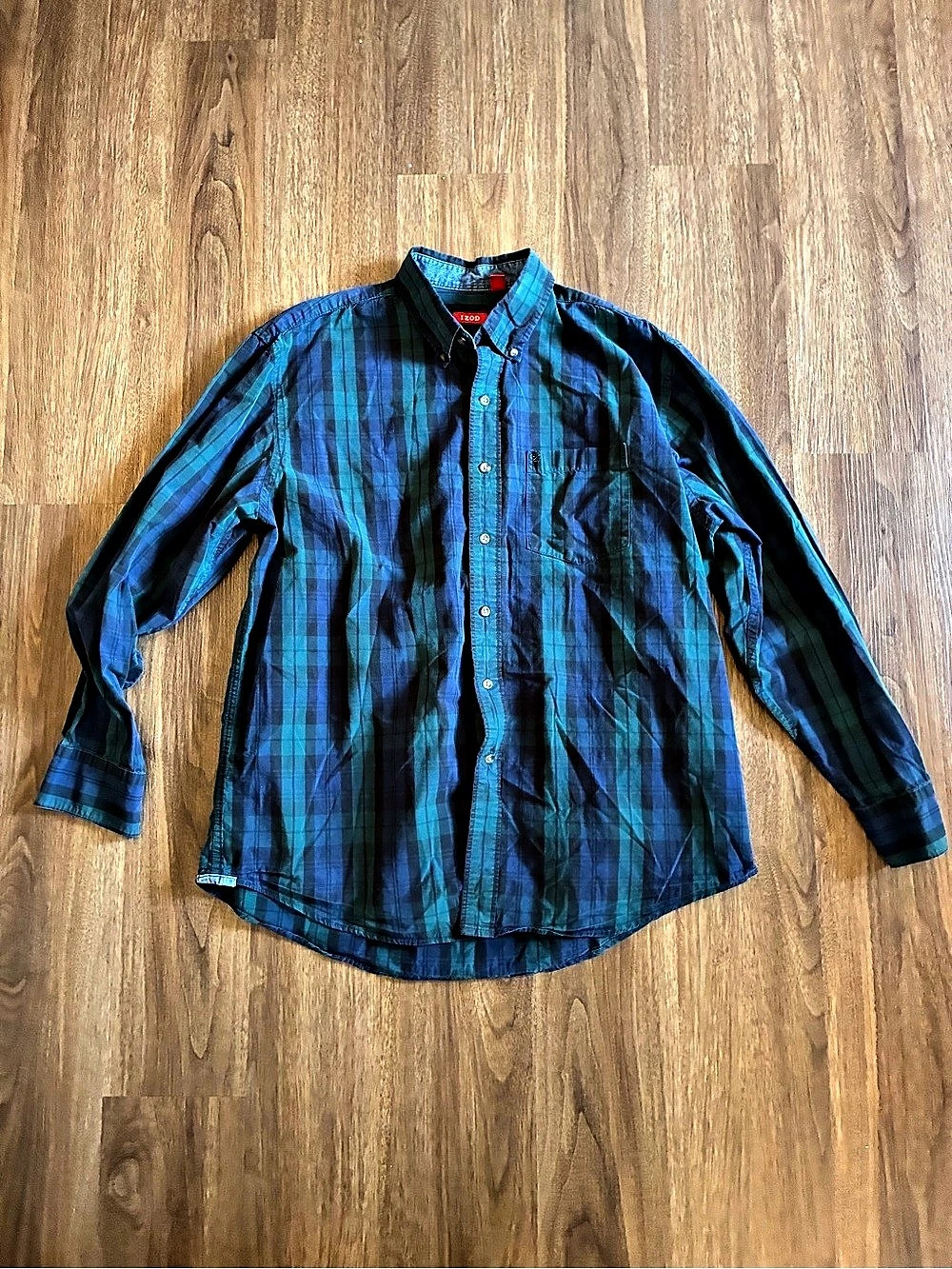 IZOD Men’s Plaid Button-Down Long Sleeve Shirt Pockets Cotton LG Blue/Green